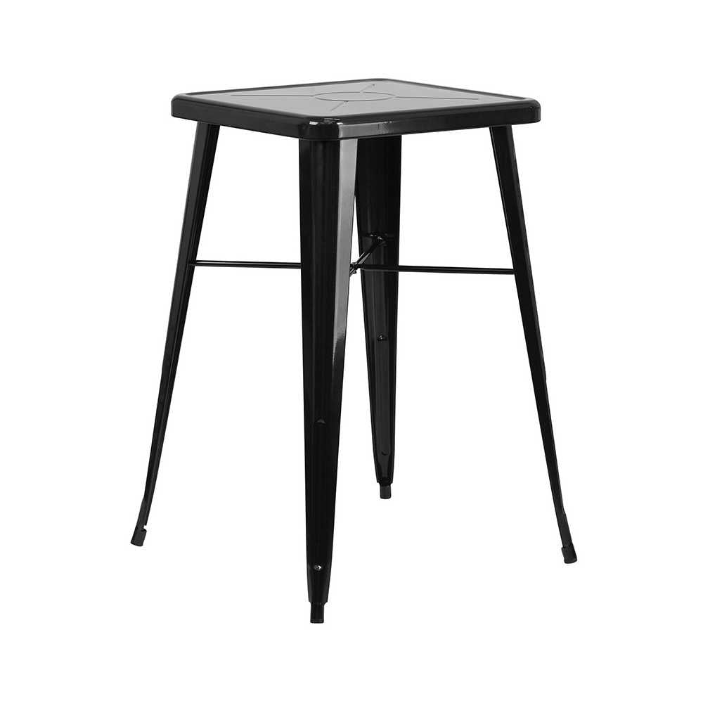 Commercial Grade 23.75" Square Black Metal Indoor-Outdoor Bar Table Set with 2 Stools with Backs