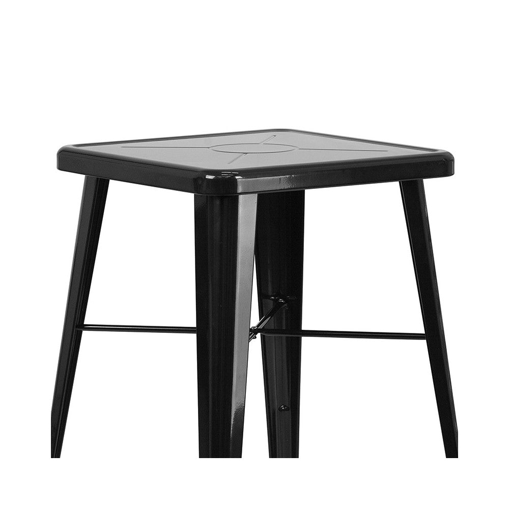 Commercial Grade 23.75" Square Black Metal Indoor-Outdoor Bar Table Set with 2 Stools with Backs