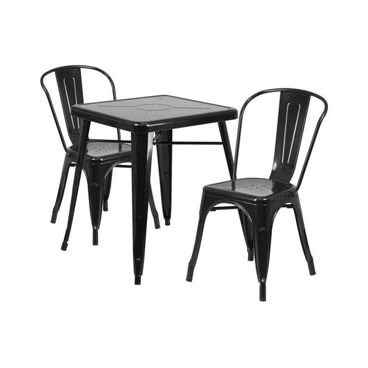 Commercial Grade 23.75" Square Black Metal Indoor-Outdoor Table Set with 2 Stack Chairs