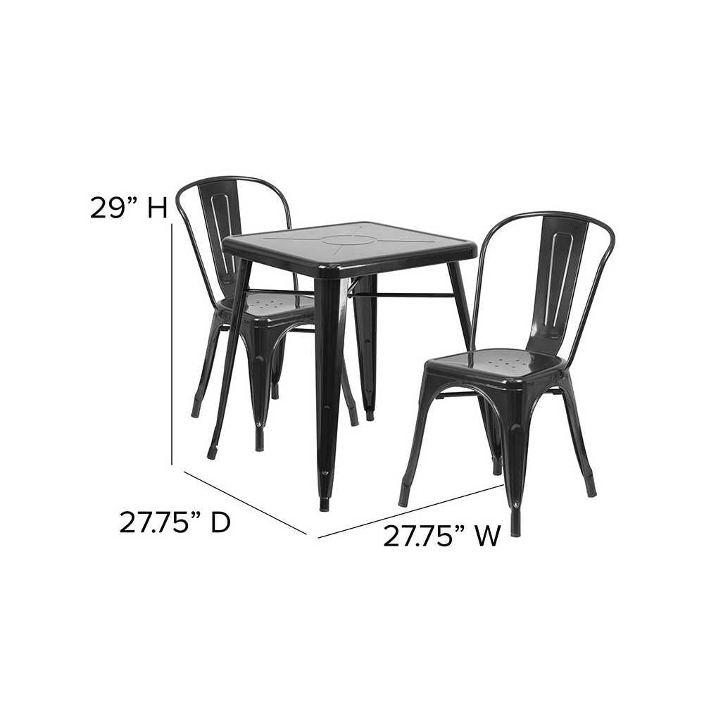 Commercial Grade 23.75" Square Black Metal Indoor-Outdoor Table Set with 2 Stack Chairs