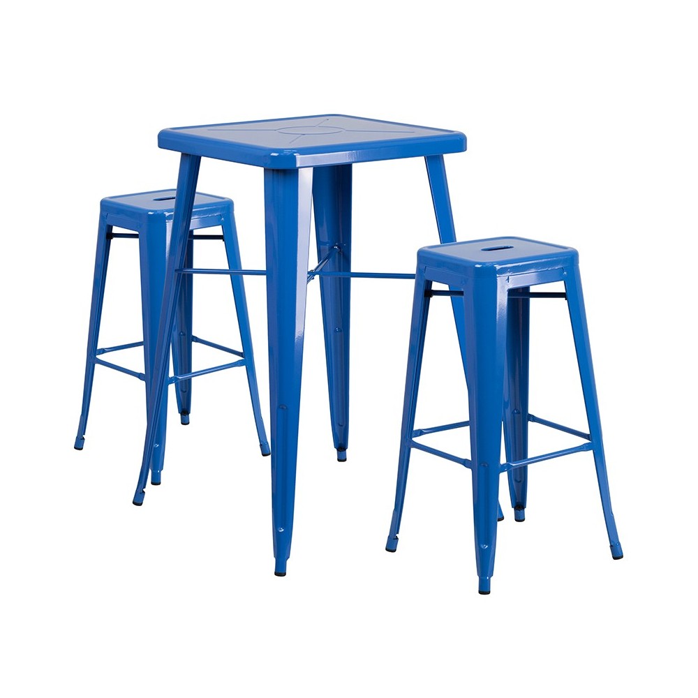 Commercial Grade 23.75" Square Blue Metal Indoor-Outdoor Bar Table Set with 2 Square Seat Backless Stools