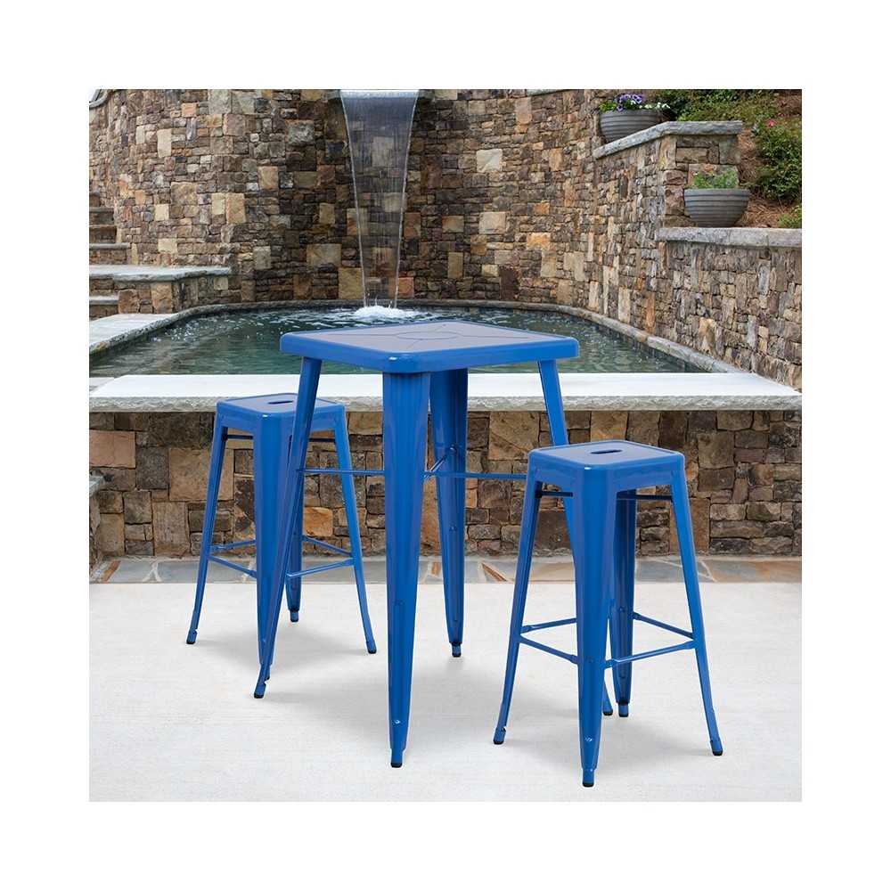 Commercial Grade 23.75" Square Blue Metal Indoor-Outdoor Bar Table Set with 2 Square Seat Backless Stools