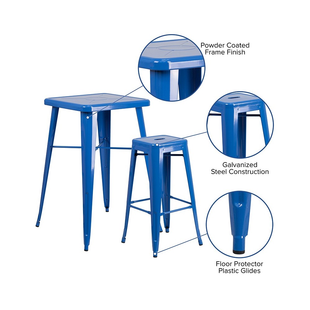 Commercial Grade 23.75" Square Blue Metal Indoor-Outdoor Bar Table Set with 2 Square Seat Backless Stools