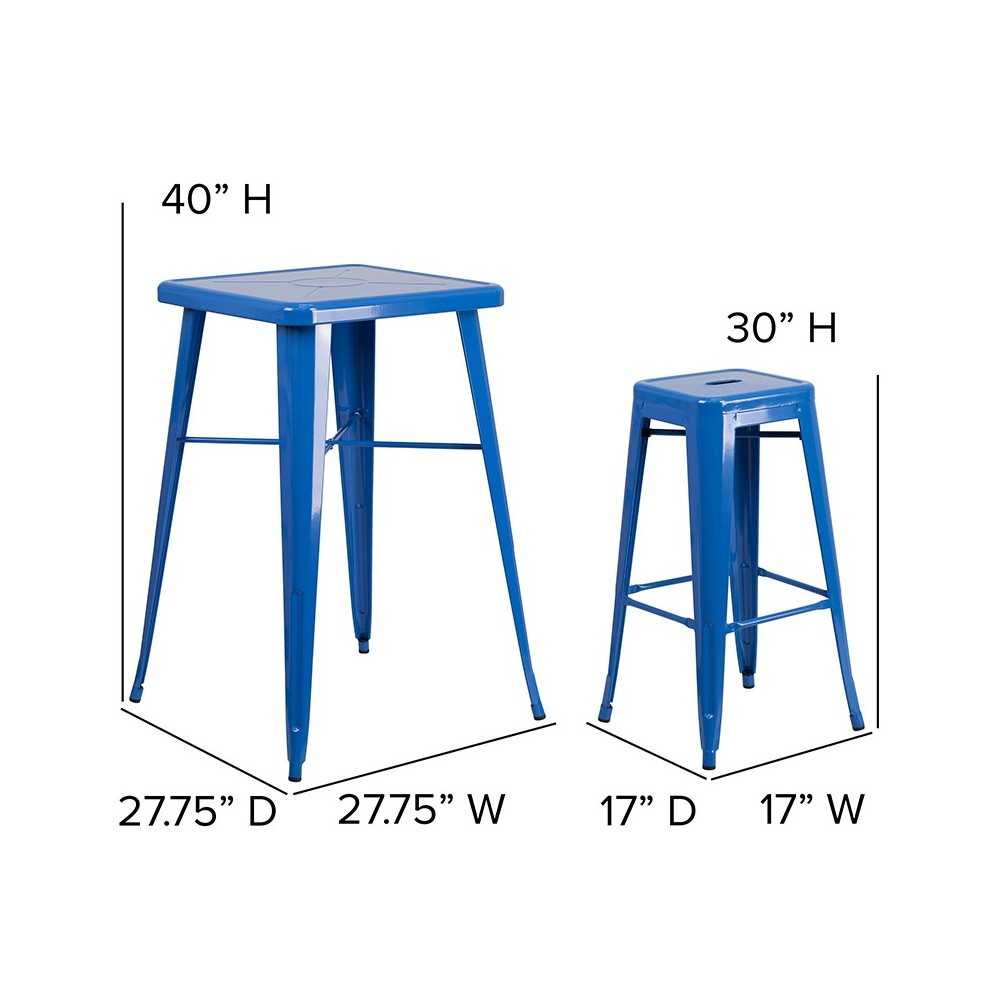 Commercial Grade 23.75" Square Blue Metal Indoor-Outdoor Bar Table Set with 2 Square Seat Backless Stools