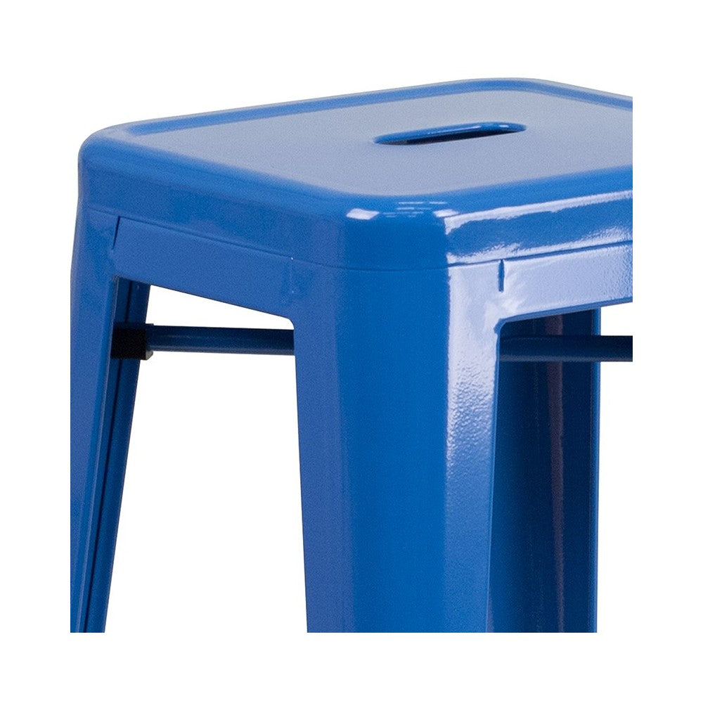 Commercial Grade 23.75" Square Blue Metal Indoor-Outdoor Bar Table Set with 2 Square Seat Backless Stools