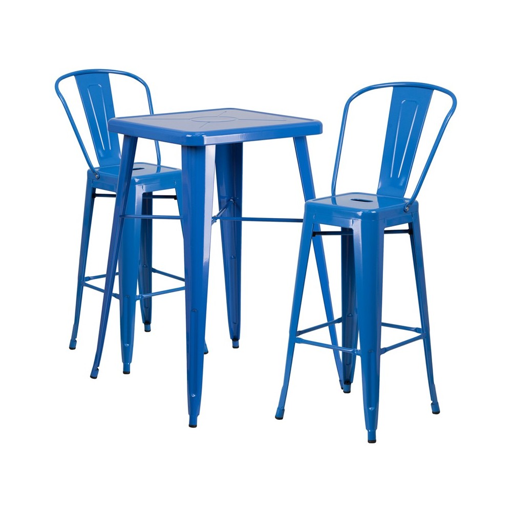 Commercial Grade 23.75" Square Blue Metal Indoor-Outdoor Bar Table Set with 2 Stools with Backs