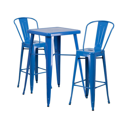 Commercial Grade 23.75" Square Blue Metal Indoor-Outdoor Bar Table Set with 2 Stools with Backs