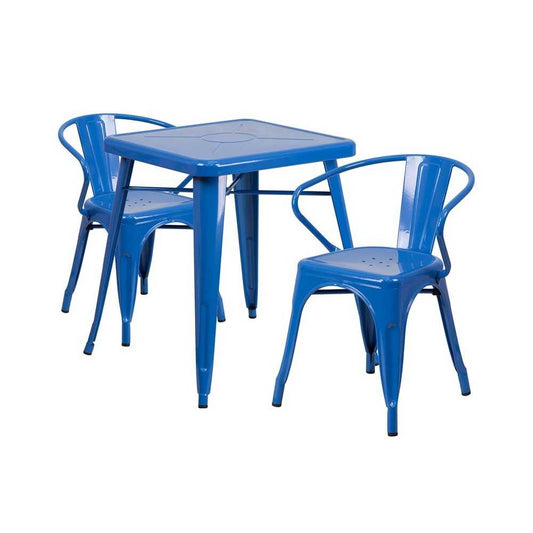 Commercial Grade 23.75" Square Blue Metal Indoor-Outdoor Table Set with 2 Arm Chairs