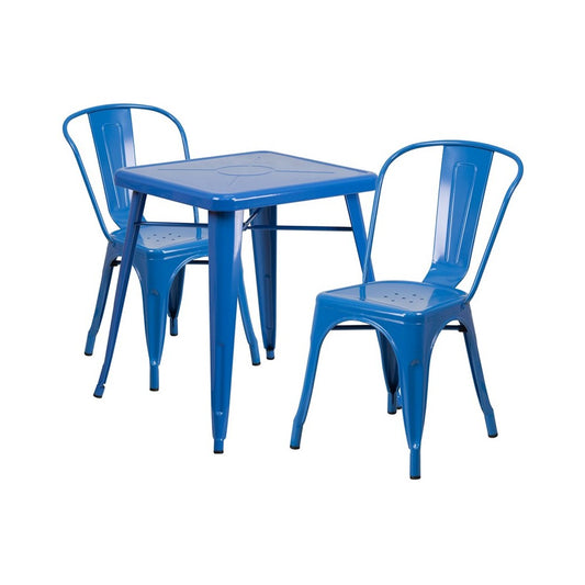 Commercial Grade 23.75" Square Blue Metal Indoor-Outdoor Table Set with 2 Stack Chairs