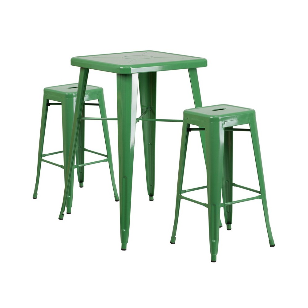 Commercial Grade 23.75" Square Green Metal Indoor-Outdoor Bar Table Set with 2 Square Seat Backless Stools