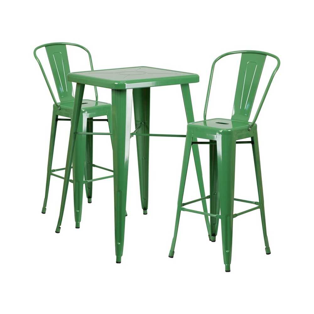 Commercial Grade 23.75" Square Green Metal Indoor-Outdoor Bar Table Set with 2 Stools with Backs