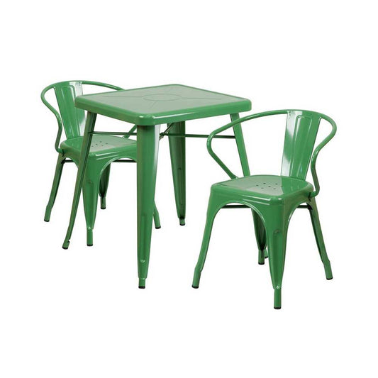 Commercial Grade 23.75" Square Green Metal Indoor-Outdoor Table Set with 2 Arm Chairs