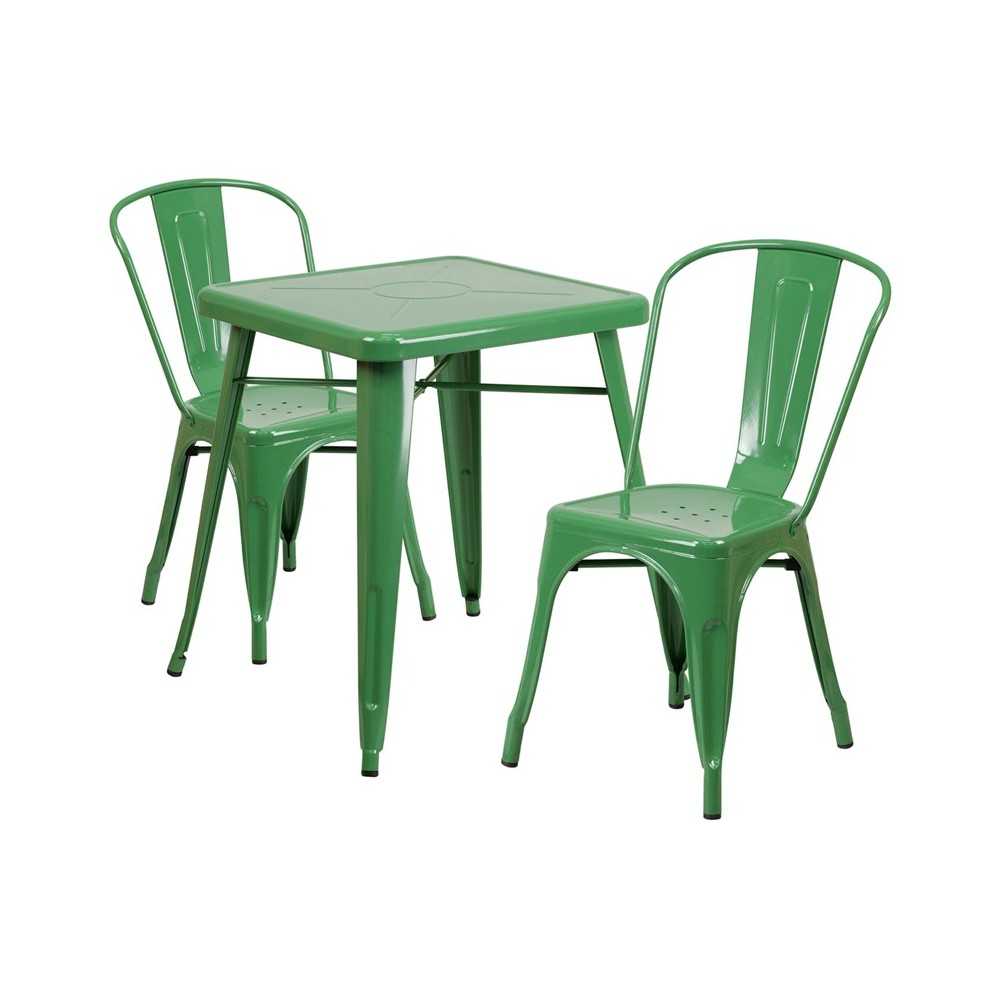 Commercial Grade 23.75" Square Green Metal Indoor-Outdoor Table Set with 2 Stack Chairs