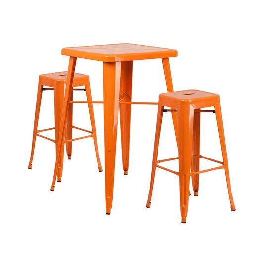 Commercial Grade 23.75" Square Orange Metal Indoor-Outdoor Bar Table Set with 2 Square Seat Backless Stools