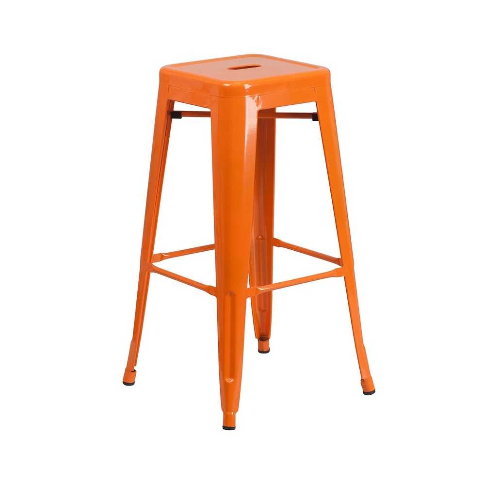 Commercial Grade 23.75" Square Orange Metal Indoor-Outdoor Bar Table Set with 2 Square Seat Backless Stools