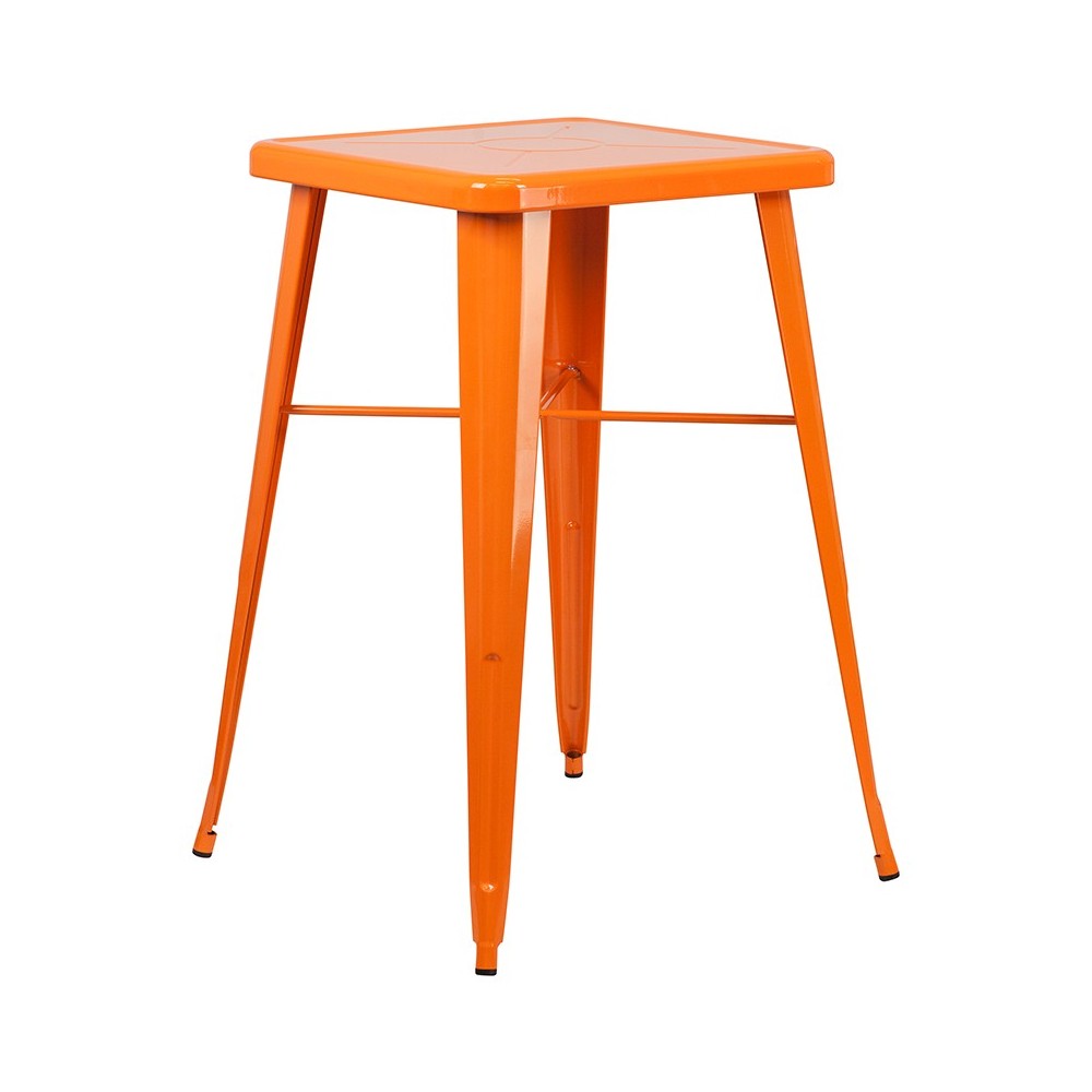 Commercial Grade 23.75" Square Orange Metal Indoor-Outdoor Bar Table Set with 2 Square Seat Backless Stools