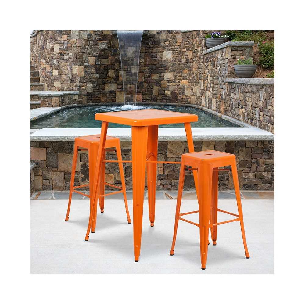 Commercial Grade 23.75" Square Orange Metal Indoor-Outdoor Bar Table Set with 2 Square Seat Backless Stools