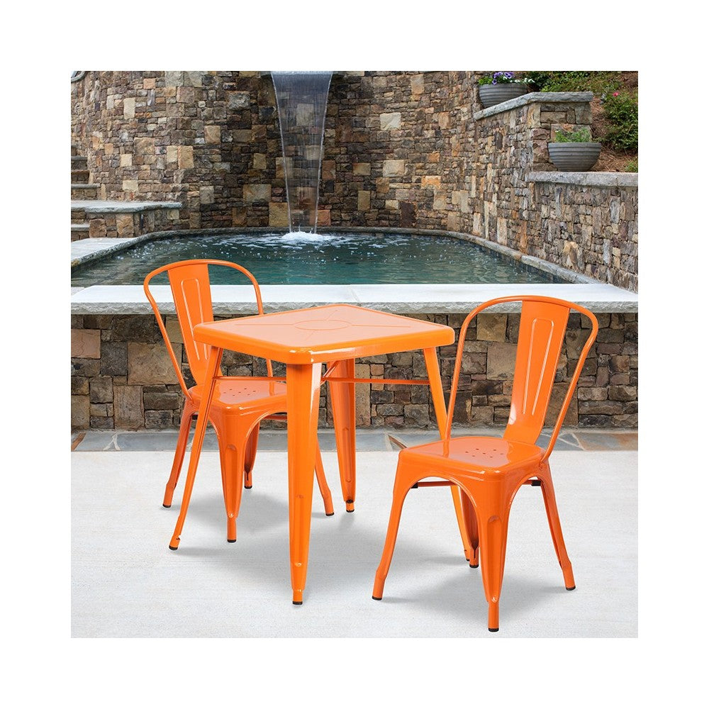 Commercial Grade 23.75" Square Orange Metal Indoor-Outdoor Table Set with 2 Stack Chairs
