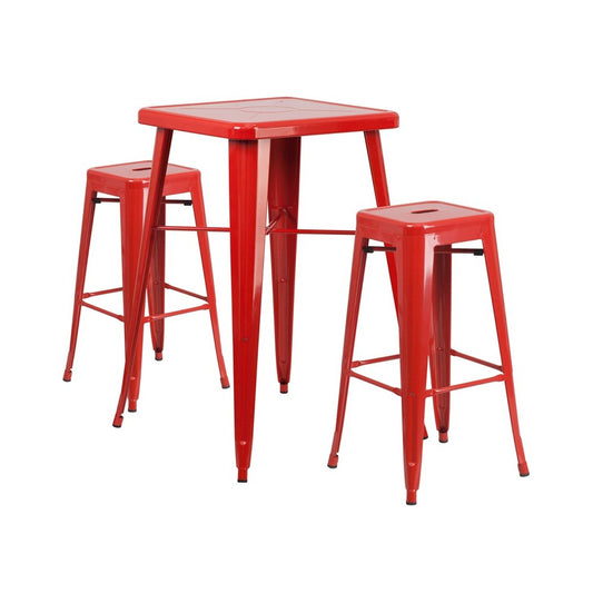 Commercial Grade 23.75" Square Red Metal Indoor-Outdoor Bar Table Set with 2 Square Seat Backless Stools