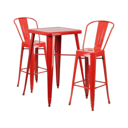 Commercial Grade 23.75" Square Red Metal Indoor-Outdoor Bar Table Set with 2 Stools with Backs