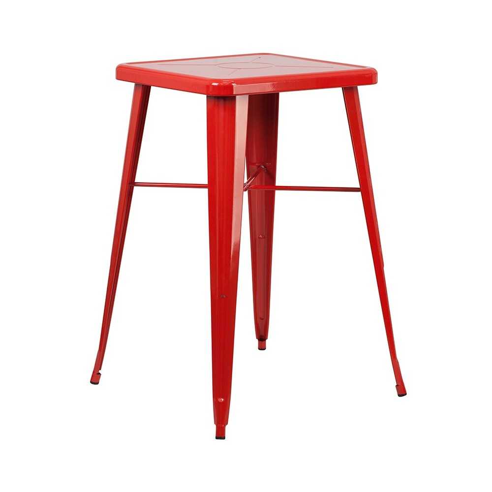 Commercial Grade 23.75" Square Red Metal Indoor-Outdoor Bar Table Set with 2 Stools with Backs