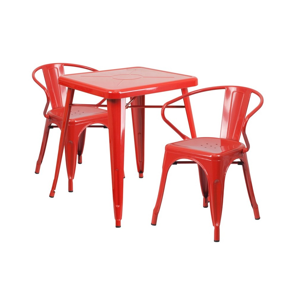 Commercial Grade 23.75" Square Red Metal Indoor-Outdoor Table Set with 2 Arm Chairs