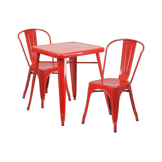 Commercial Grade 23.75" Square Red Metal Indoor-Outdoor Table Set with 2 Stack Chairs