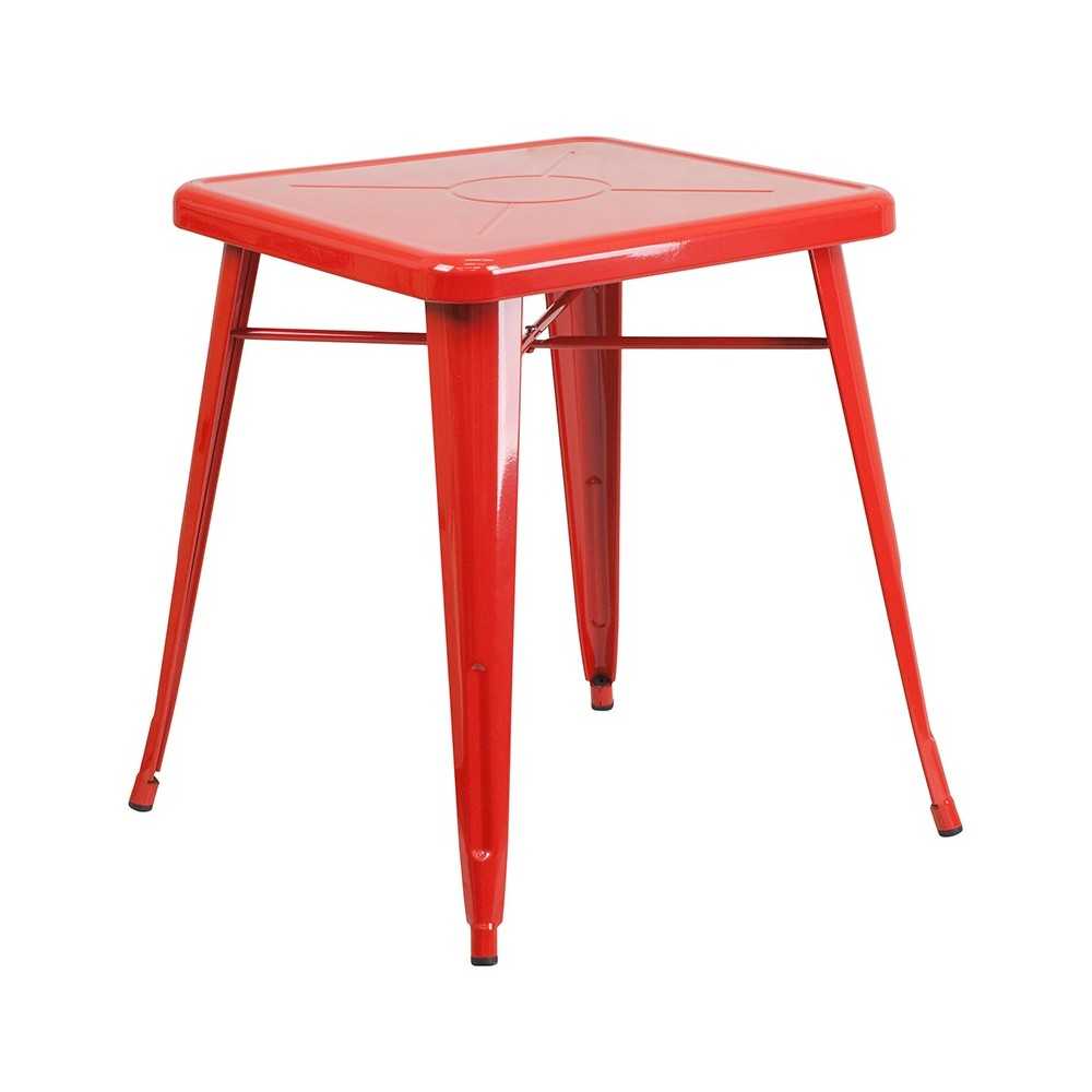 Commercial Grade 23.75" Square Red Metal Indoor-Outdoor Table Set with 2 Stack Chairs