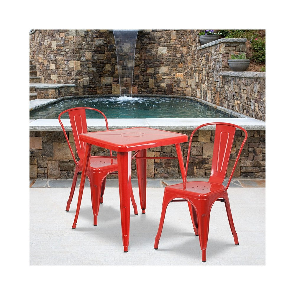Commercial Grade 23.75" Square Red Metal Indoor-Outdoor Table Set with 2 Stack Chairs