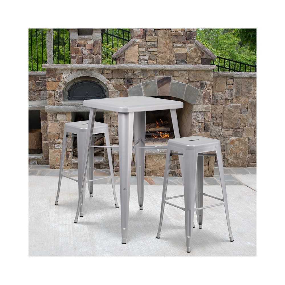 Commercial Grade 23.75" Square Silver Metal Indoor-Outdoor Bar Table Set with 2 Square Seat Backless Stools