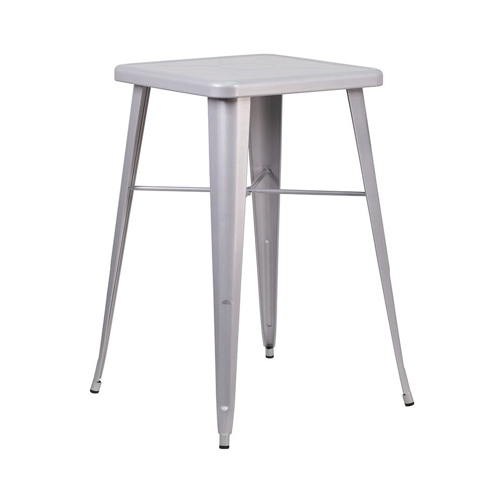 Commercial Grade 23.75" Square Silver Metal Indoor-Outdoor Bar Table Set with 2 Square Seat Backless Stools