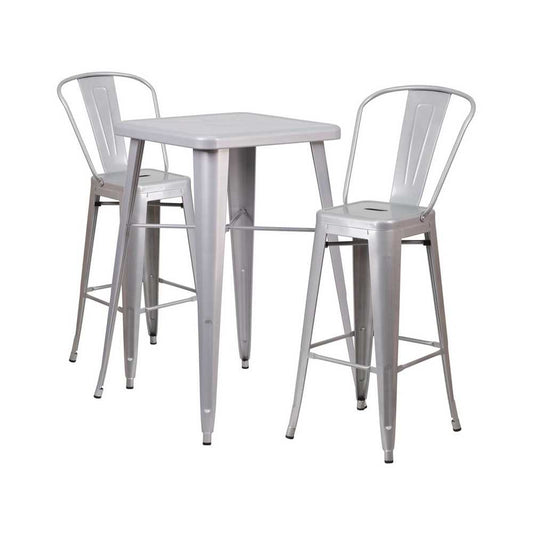 Commercial Grade 23.75" Square Silver Metal Indoor-Outdoor Bar Table Set with 2 Stools with Backs