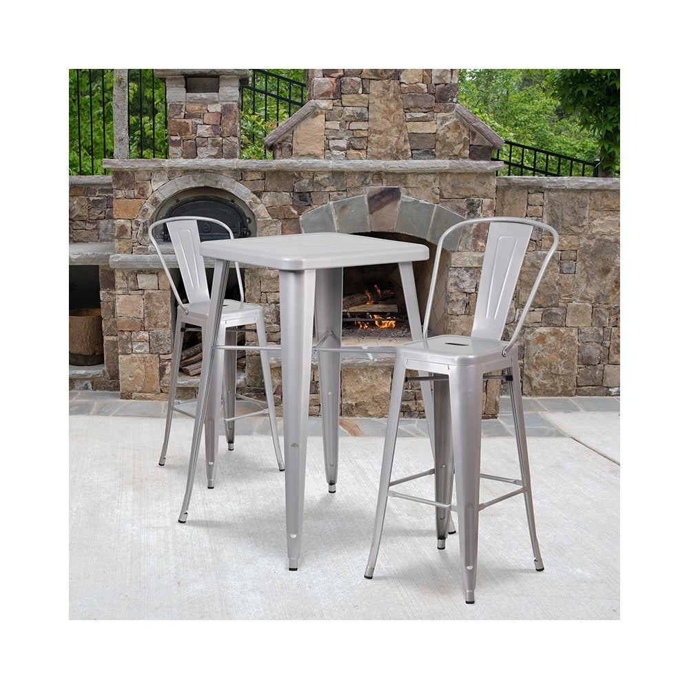 Commercial Grade 23.75" Square Silver Metal Indoor-Outdoor Bar Table Set with 2 Stools with Backs