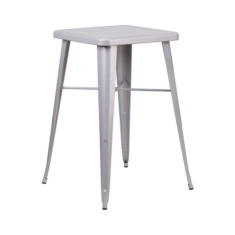 Commercial Grade 23.75" Square Silver Metal Indoor-Outdoor Bar Table Set with 2 Stools with Backs