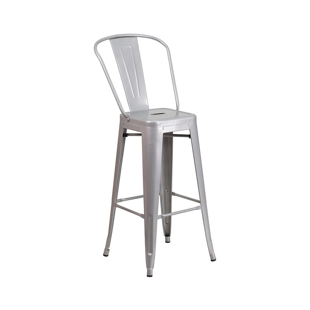 Commercial Grade 23.75" Square Silver Metal Indoor-Outdoor Bar Table Set with 2 Stools with Backs