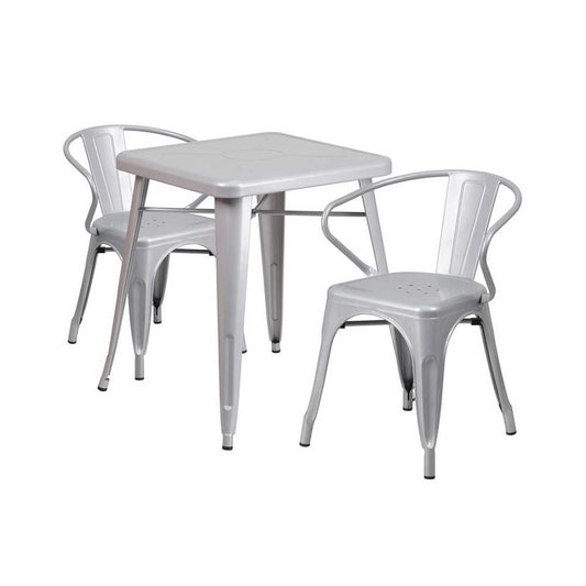 Commercial Grade 23.75" Square Silver Metal Indoor-Outdoor Table Set with 2 Arm Chairs