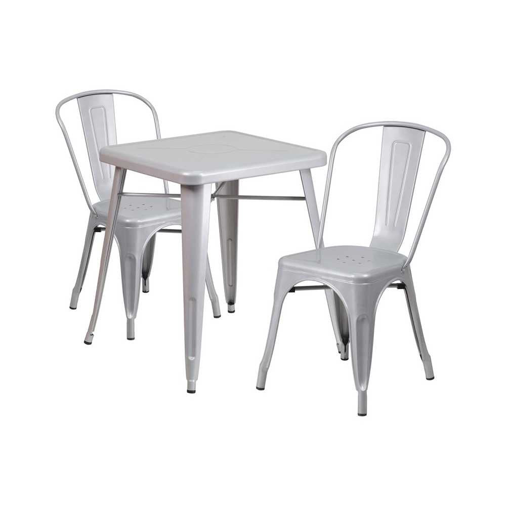 Commercial Grade 23.75" Square Silver Metal Indoor-Outdoor Table Set with 2 Stack Chairs