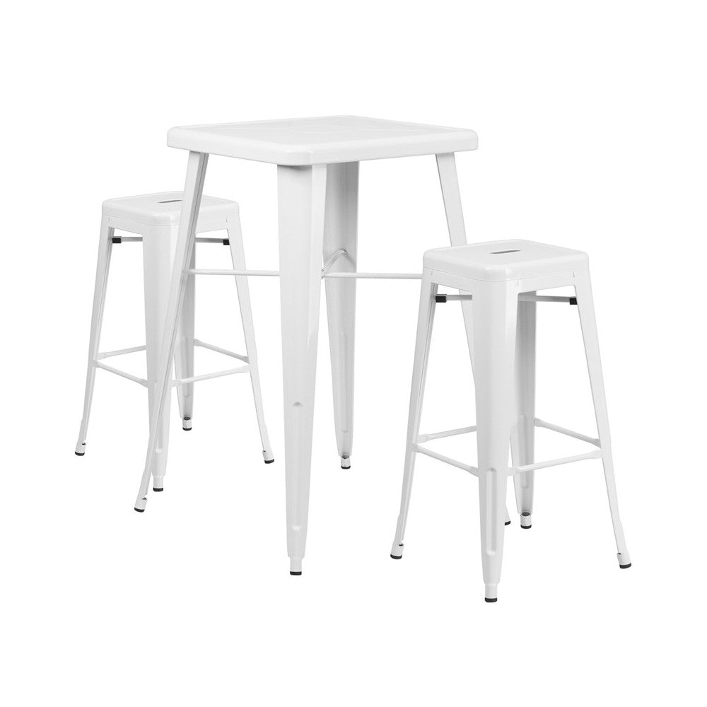 Commercial Grade 23.75" Square White Metal Indoor-Outdoor Bar Table Set with 2 Square Seat Backless Stools