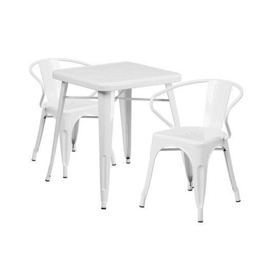 Commercial Grade 23.75" Square White Metal Indoor-Outdoor Table Set with 2 Arm Chairs