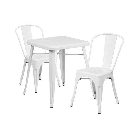 Commercial Grade 23.75" Square White Metal Indoor-Outdoor Table Set with 2 Stack Chairs