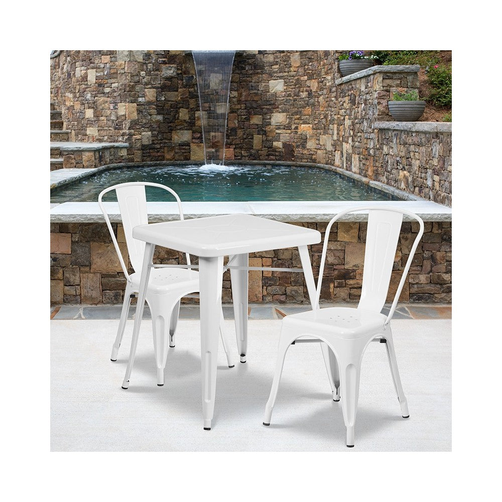 Commercial Grade 23.75" Square White Metal Indoor-Outdoor Table Set with 2 Stack Chairs