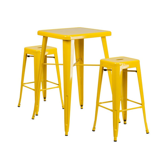 Commercial Grade 23.75" Square Yellow Metal Indoor-Outdoor Bar Table Set with 2 Square Seat Backless Stools