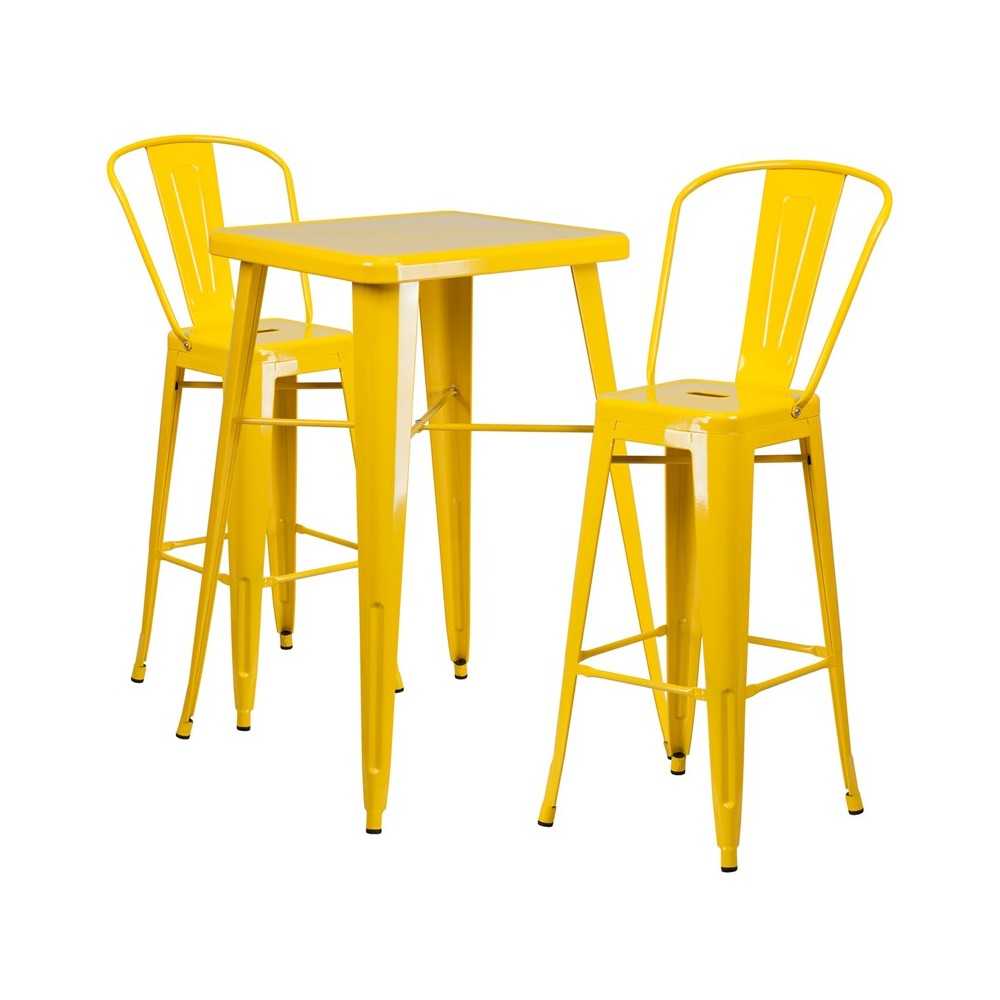 Commercial Grade 23.75" Square Yellow Metal Indoor-Outdoor Bar Table Set with 2 Stools with Backs