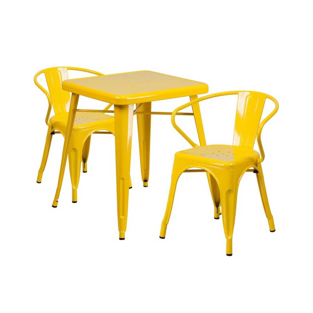 Commercial Grade 23.75" Square Yellow Metal Indoor-Outdoor Table Set with 2 Arm Chairs