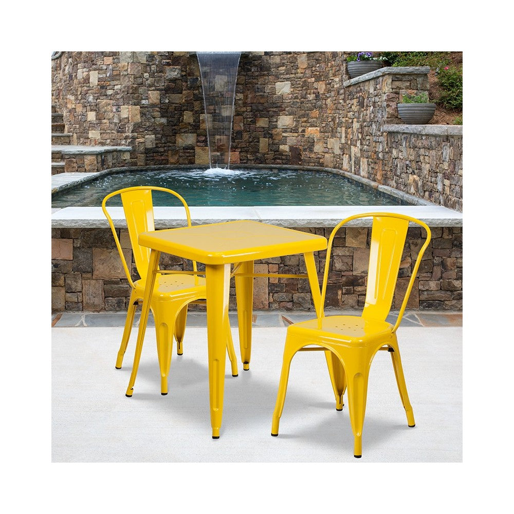 Commercial Grade 23.75" Square Yellow Metal Indoor-Outdoor Table Set with 2 Stack Chairs