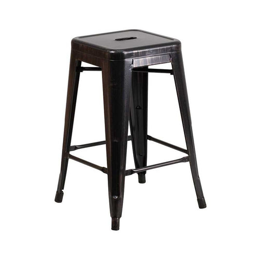 Commercial Grade 24" High Backless Black-Antique Gold Metal Indoor-Outdoor Counter Height Stool with Square Seat