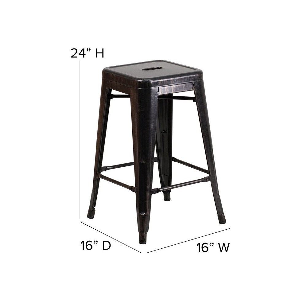 Commercial Grade 24" High Backless Black-Antique Gold Metal Indoor-Outdoor Counter Height Stool with Square Seat