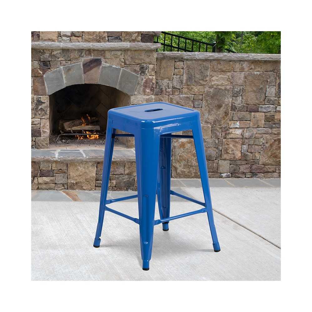 Commercial Grade 24" High Backless Blue Metal Indoor-Outdoor Counter Height Stool with Square Seat