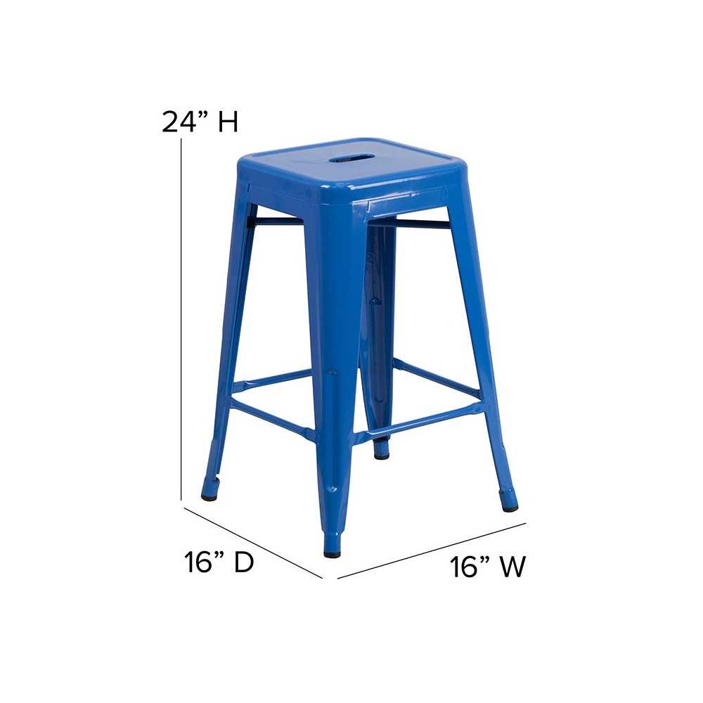 Commercial Grade 24" High Backless Blue Metal Indoor-Outdoor Counter Height Stool with Square Seat