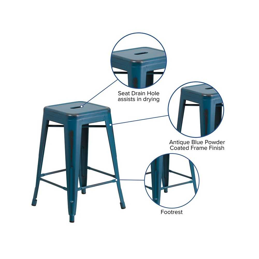 Commercial Grade 24" High Backless Distressed Antique Blue Metal Indoor-Outdoor Counter Height Stool